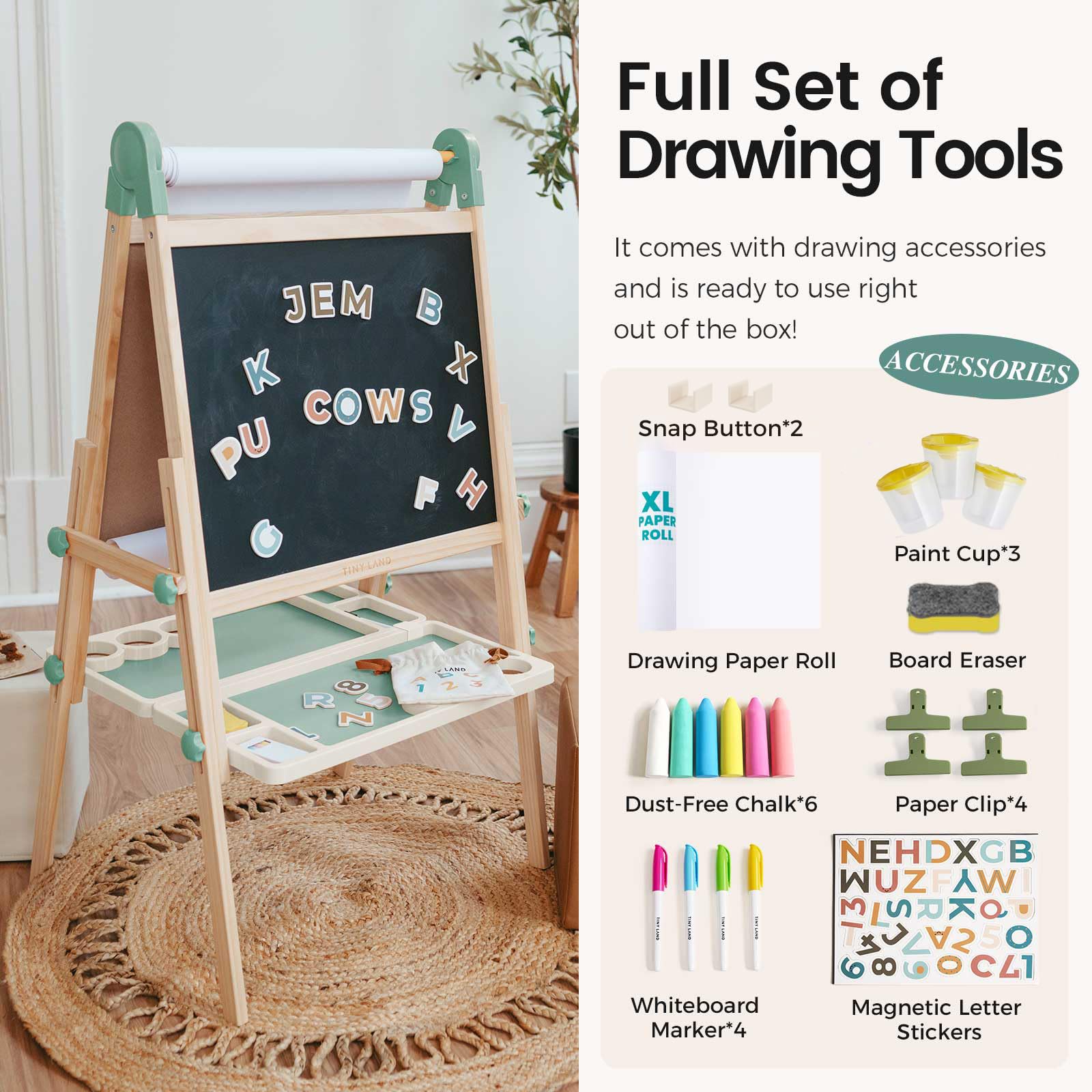 Tiny Land Foldable Wooden Kids Easel with Magnetic Letters & Numbers