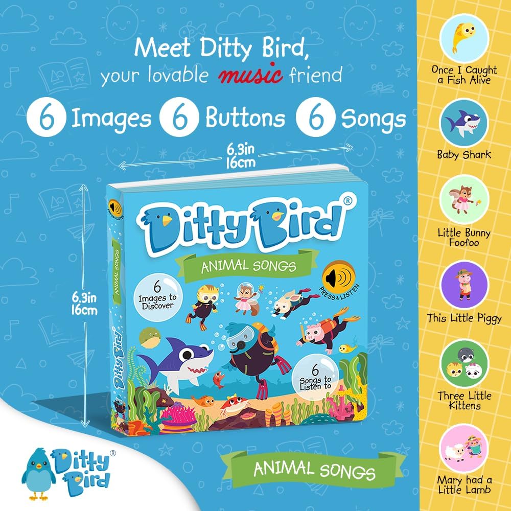 Ditty Bird Animal Songs Book for Toddlers – Interactive Sound Book with Baby Shark & More | Musical
