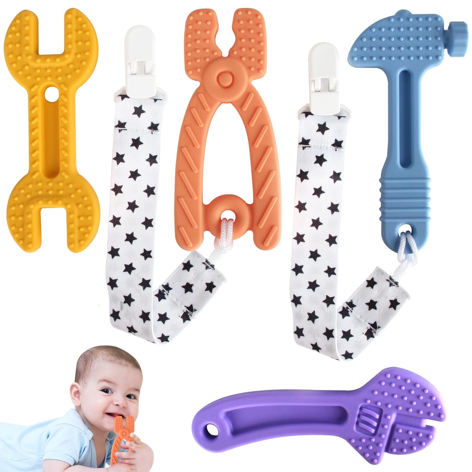 Fu Store 4 Pack Soft Silicone Teething Toys for 0-12 Months 6-24 Months Toddlers Infant Hammer