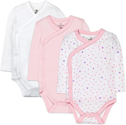HonestBaby unisex-baby 3-pack Long Sleeve Side-snap Kimono Bodysuits Organic Cotton for Infant Baby