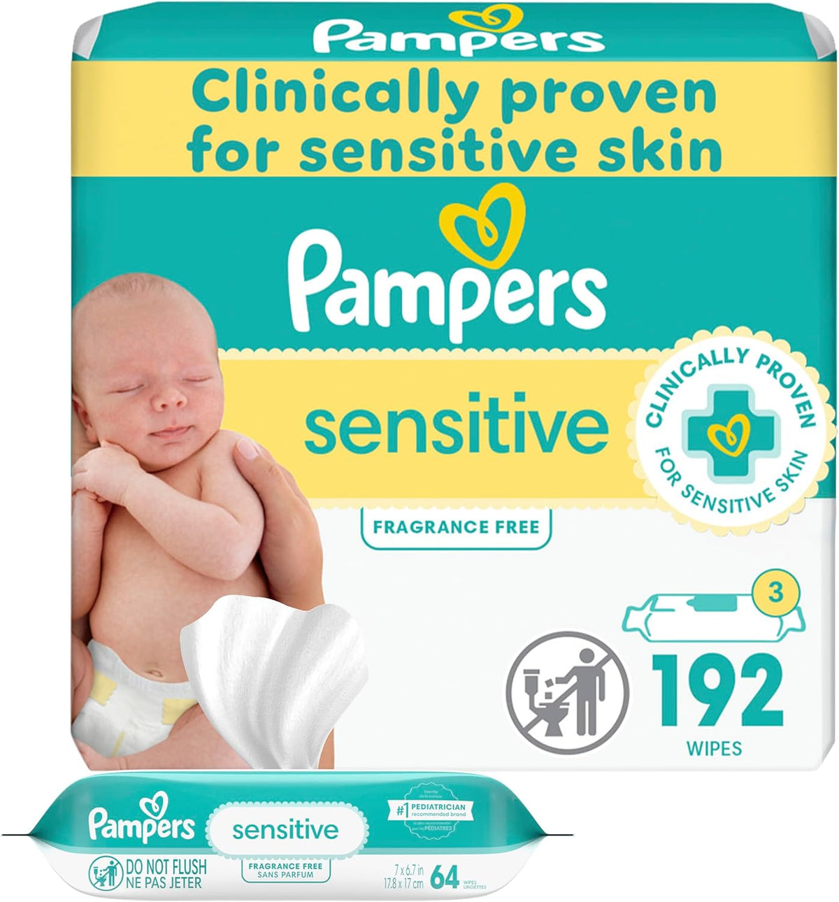 Pampers Baby Wipes Sensitive, Water Based Wipes, Hypoallergenic and Unscented Wipes, 192 Wipes