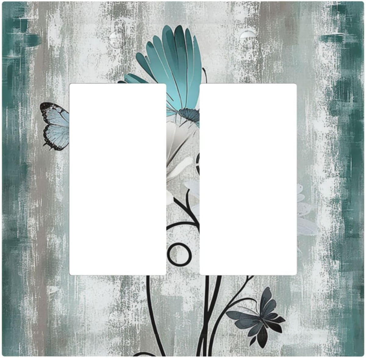 Decorative Outlet Covers Rustic Teal Daisy Floral Flowers Butterfly Wood Grain 2 Gang Double GFCI