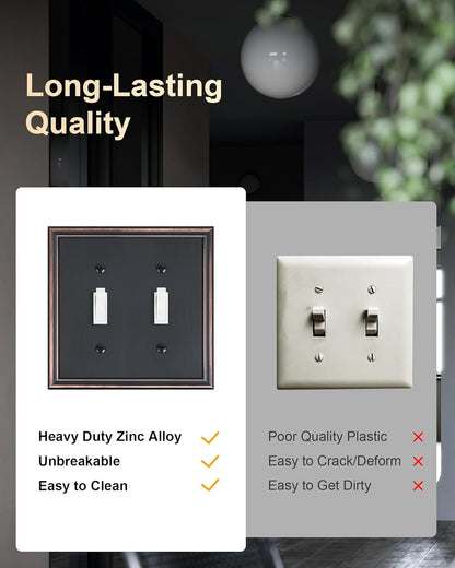 2-Pack Double Toggle Light Switch Cover Plate, Durable Solid Zinc Alloy Decorative Dual Switch
