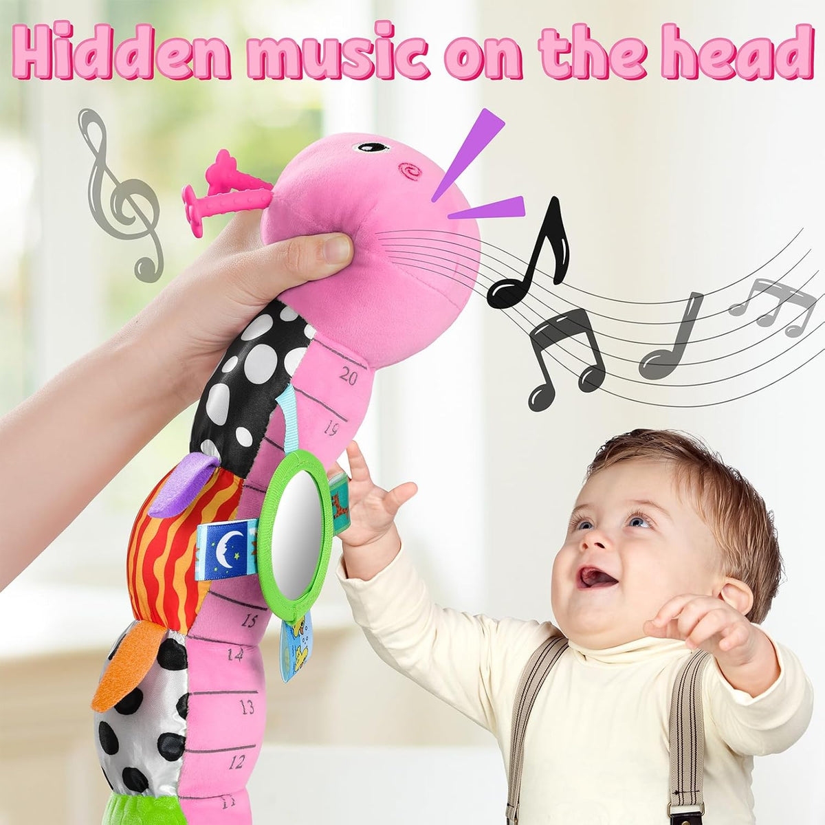 LIGHTDESIRE Baby Toys Musical Caterpillar,Infant Toys Stuffed Animals with Ruler Design,Mirror,Pull