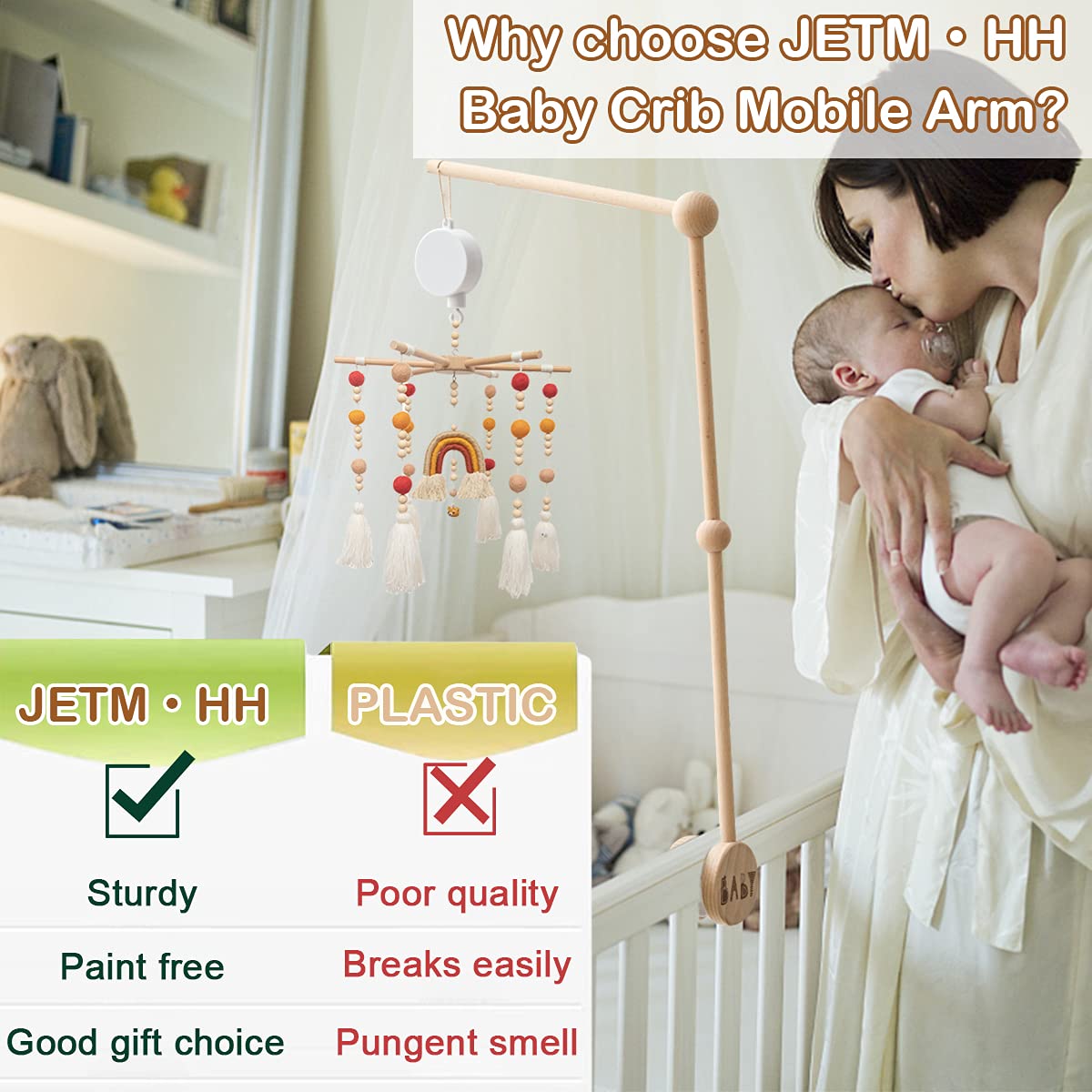 Baby Crib Mobile Arm Wooden Holder 30 inch Beech Hangers with Rotating Music Box Nursery Decor