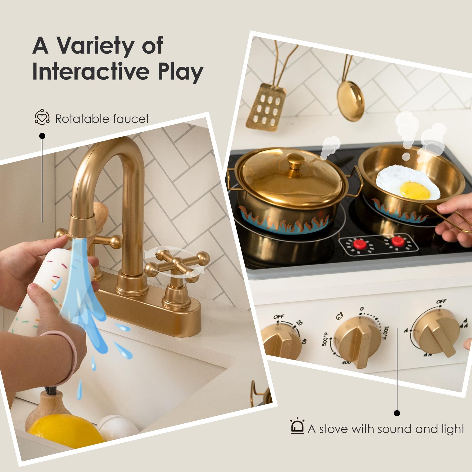 Wooden Play Kitchen for Kids with Real Lights and Sounds for Pretend Play