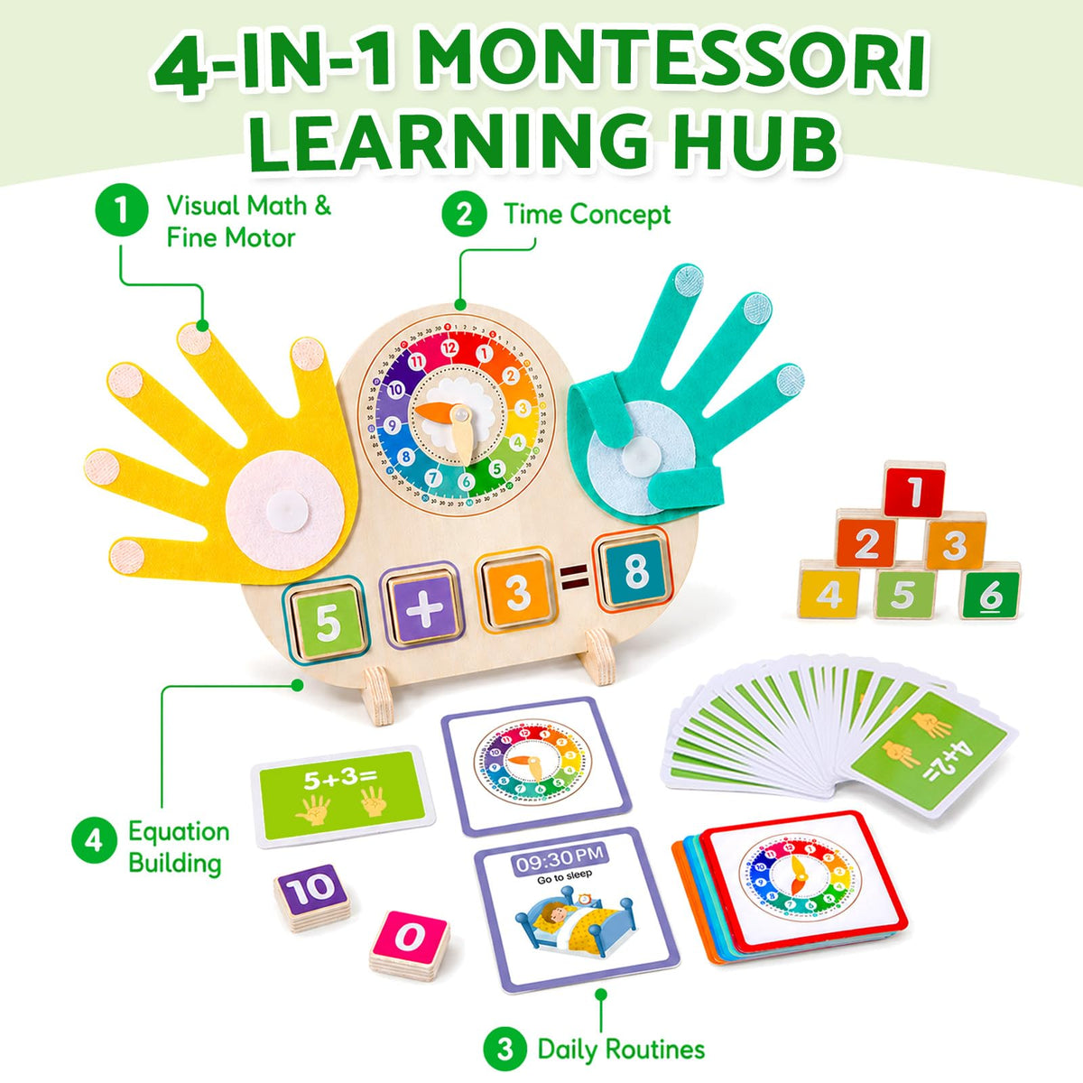 Quliwise 2-in-1 Wooden Math Manipulatives & Teaching Clock Toys