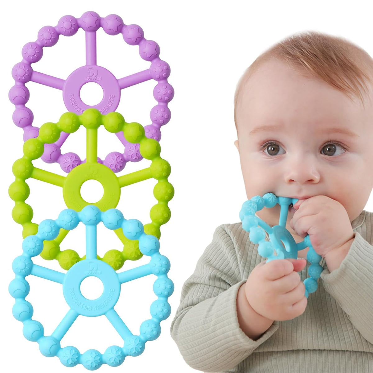 3 Pack Ring Teether Baby Infant Toys, Silicone Teething Ring Toys for Babies 0-6 Months, Seposeve