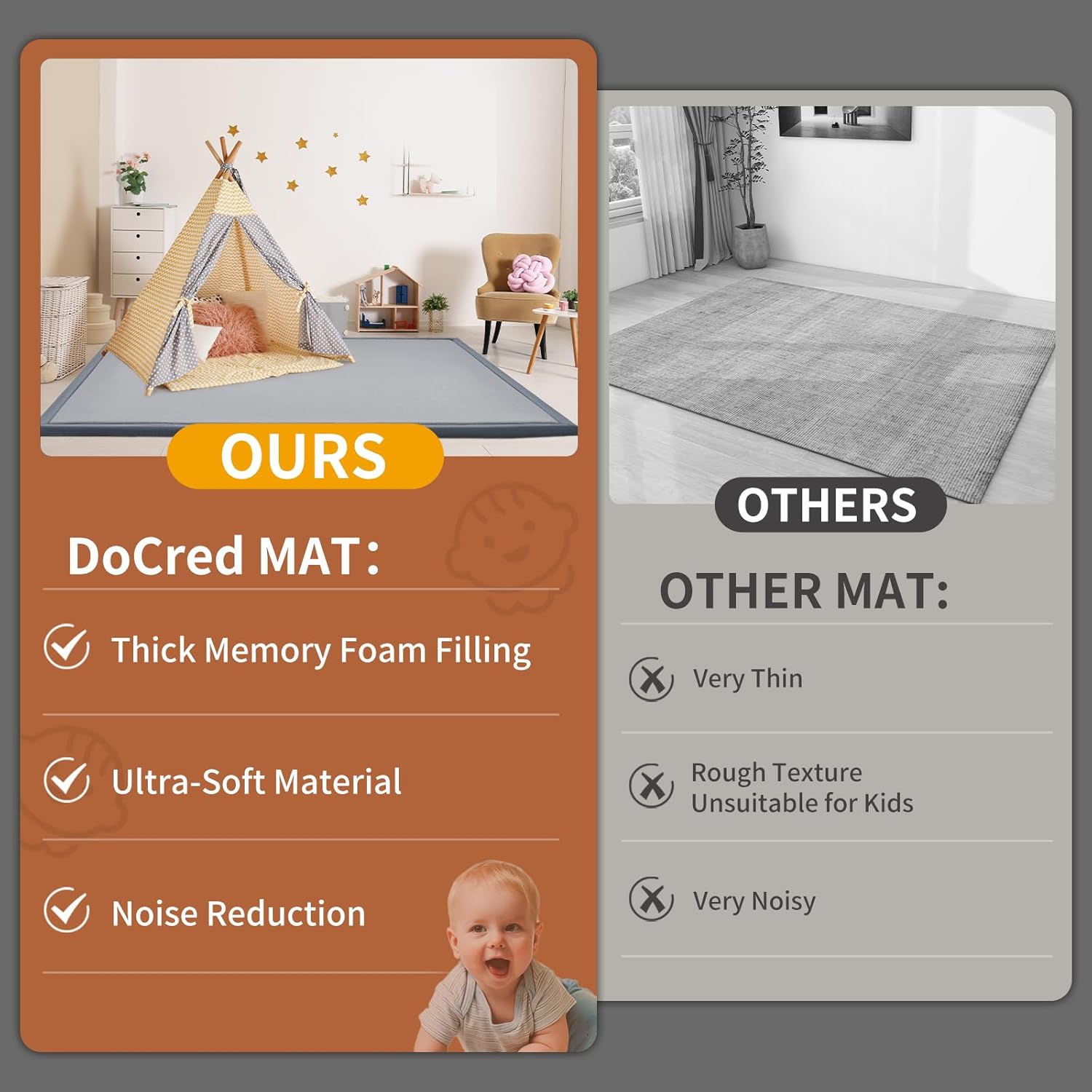 Baby Play Mat for Floor - 1.4" Thick Memory Foam Rug, 50"x50" Playpen Tummy Time Mat, Soft Velvet