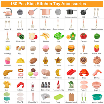 130Pcs Kitchen Playset, Toddler Pretend Cooking Play Pots, Pans, Utensils Cookware, Daily Food