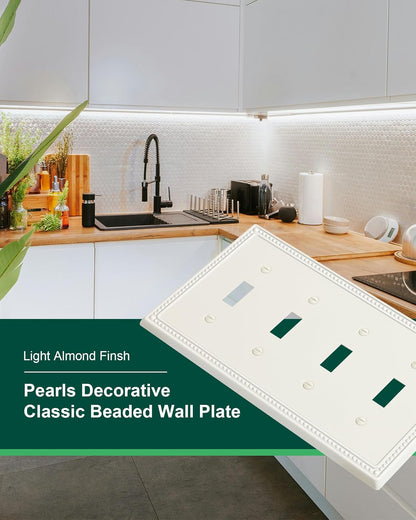 2-Pack Quad Toggle Light Switch Cover Plate, 4 Gang Metal Switch Plate Covers, Light Almond Pearls