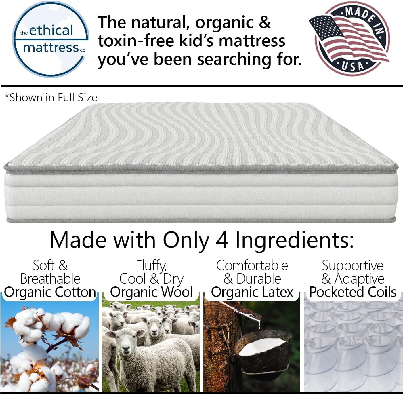 ETHICAL MATTRESS CO 6" Kid’s Mattress, Toxin-Free, Made in the USA with Organic Cotton, Wool, Latex