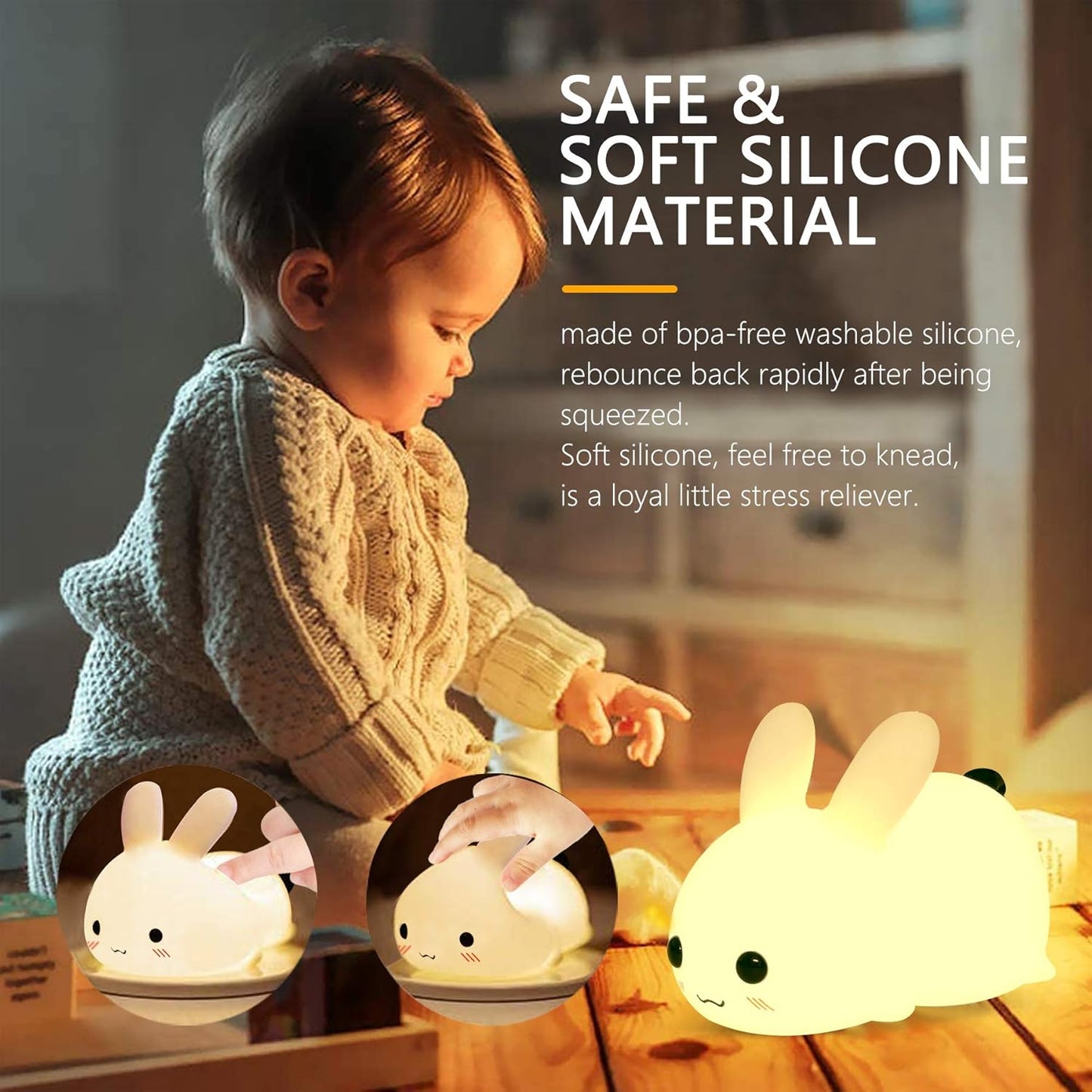 QANYI Kawaii Bunny Night Lights for Kids, 7 Color Light Silicone for Baby Nursery, Portable USB