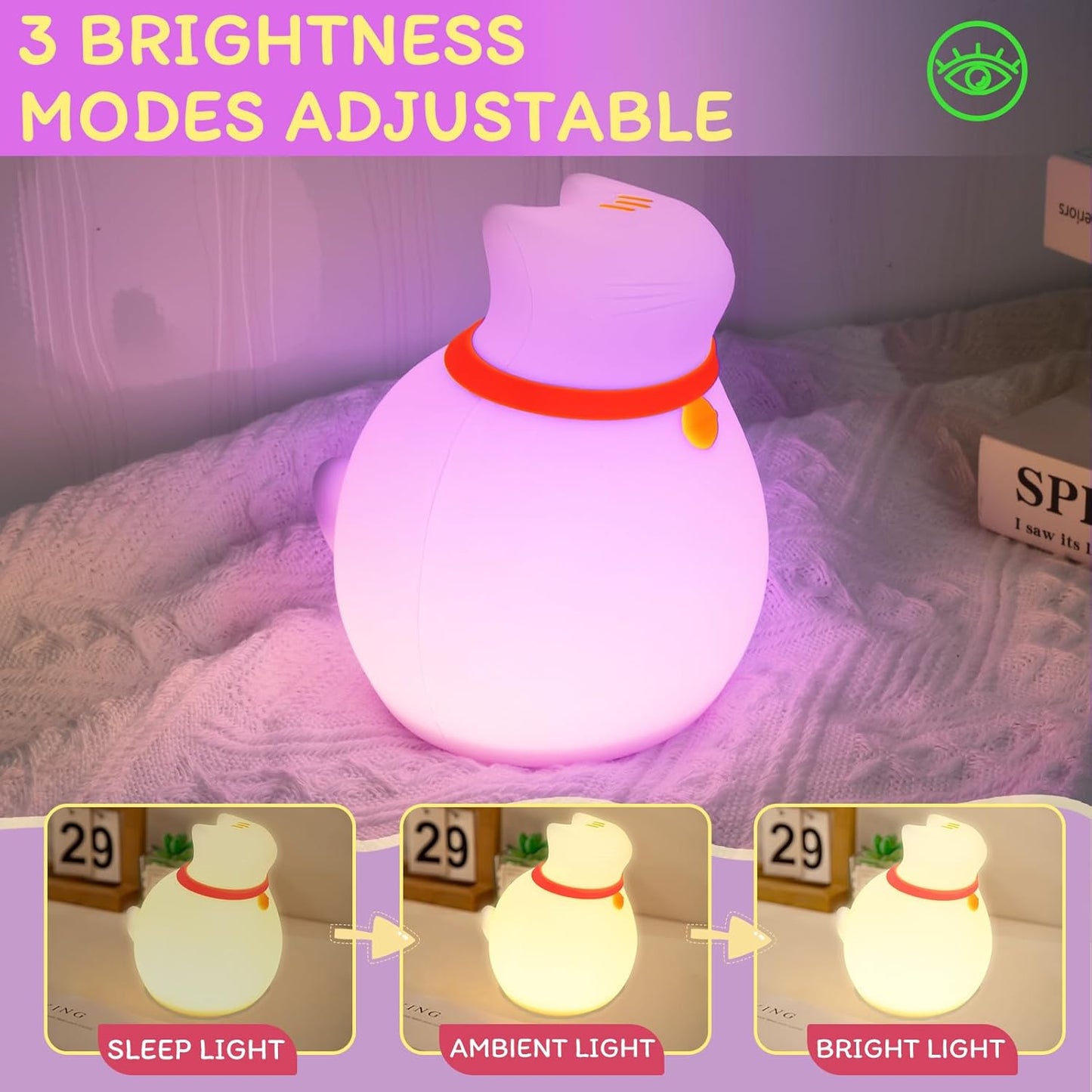 7-Color Changing Cat Night Light, Silicone Rechargeable Nursery Light with Timer & 3 Modes, Kids