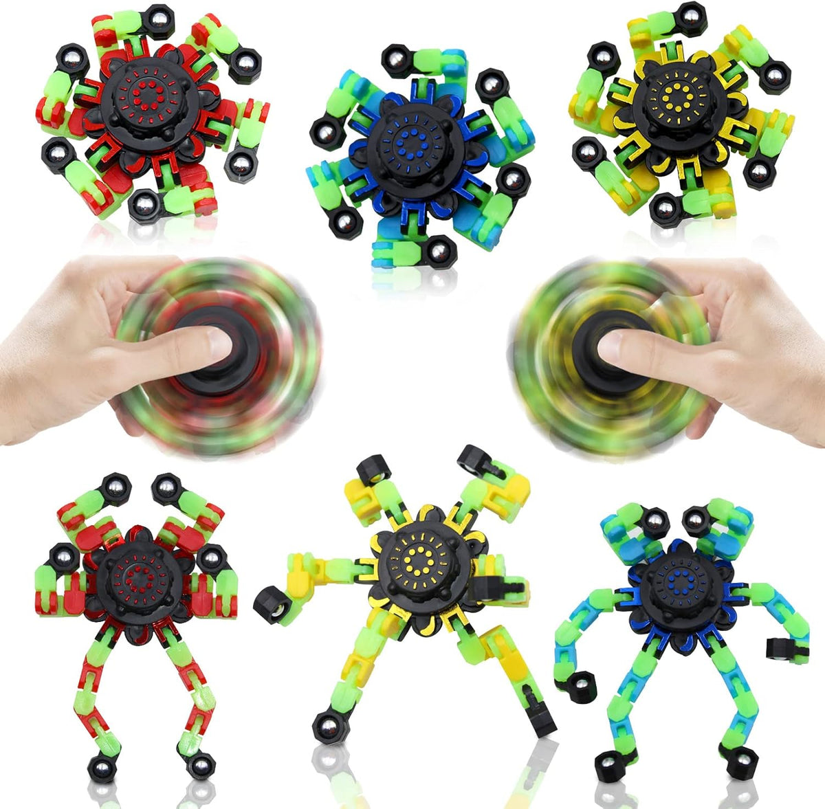 8Pcs Fidget Spinners Glow in The Dark, Fingertip Gyro DIY Deformable Robot Funny Sensory Fidget