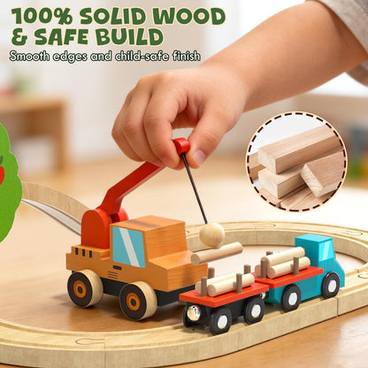 Lehoo Castle Farm Wooden Train Set, Wooden Train Tracks Set for Kids