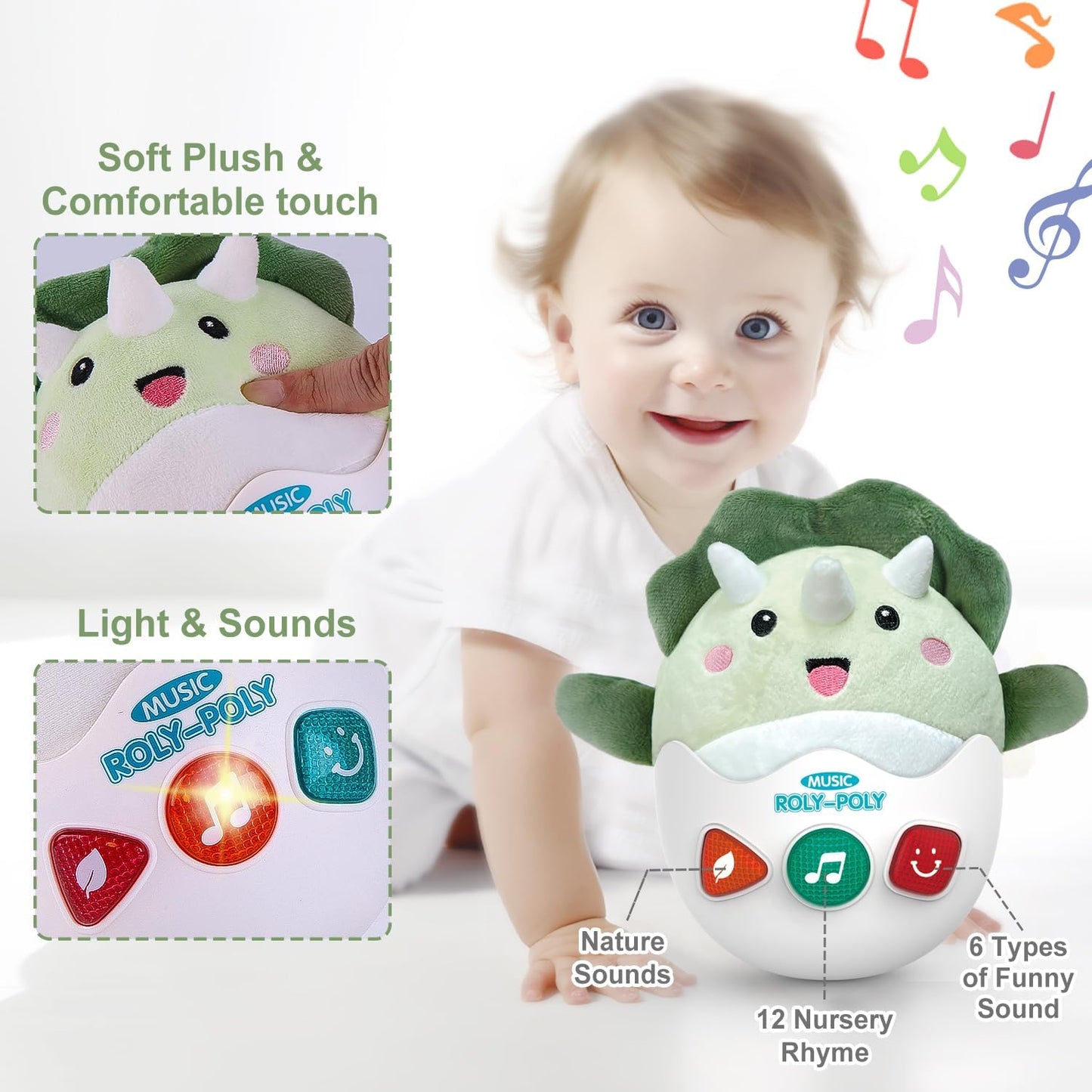 Baby Dinosaur Toys 0-3-6-12 Months, Musical Infant Toys with Light & Sounds, Soft Plush Stuffed
