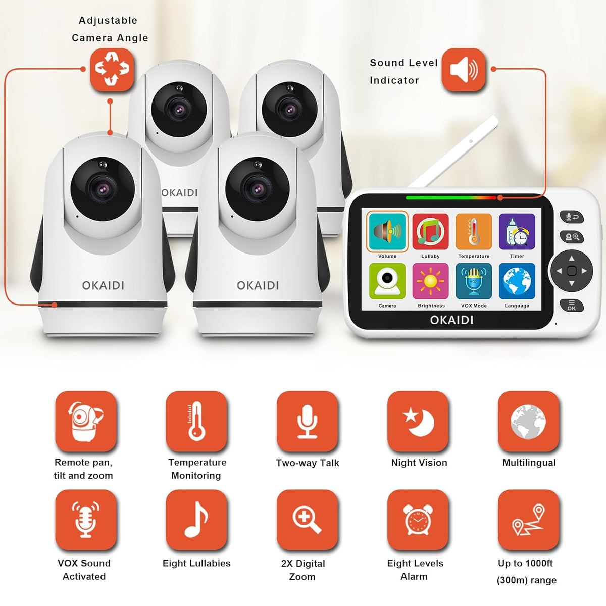 Video Baby Monitor with 4 Cameras, 5" Display Baby Monitor No WiFi, 30H Battery and 1000ft Range