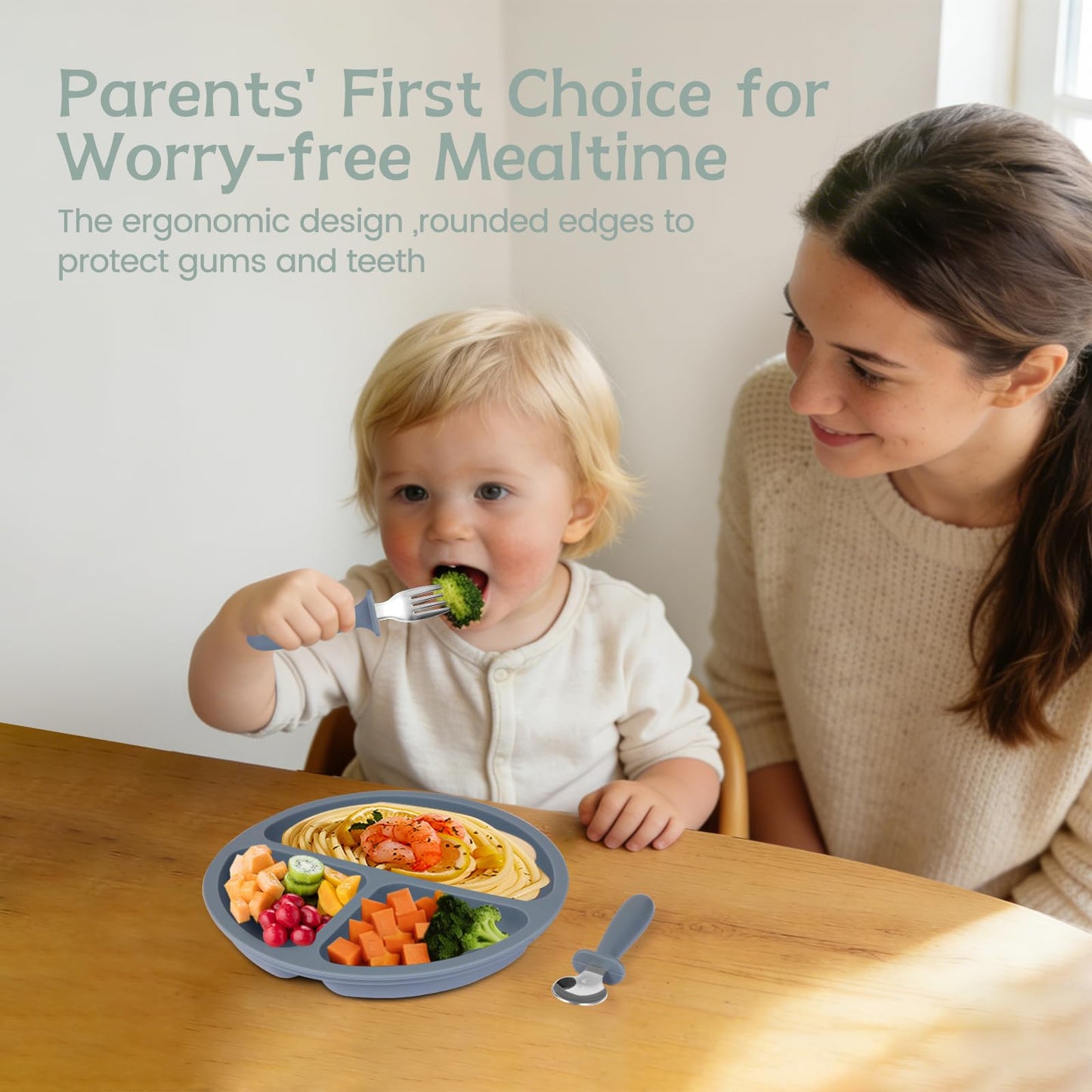 Eascrozn 2 Pack Silicone Suction Plates for Baby, Forks and Spoons Set