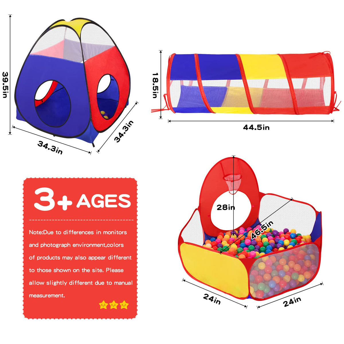 GeerWest 3 in 1 Kids Play Tent for Toddler with Baby Ball Pit and Play Tunnel, Children Indoor