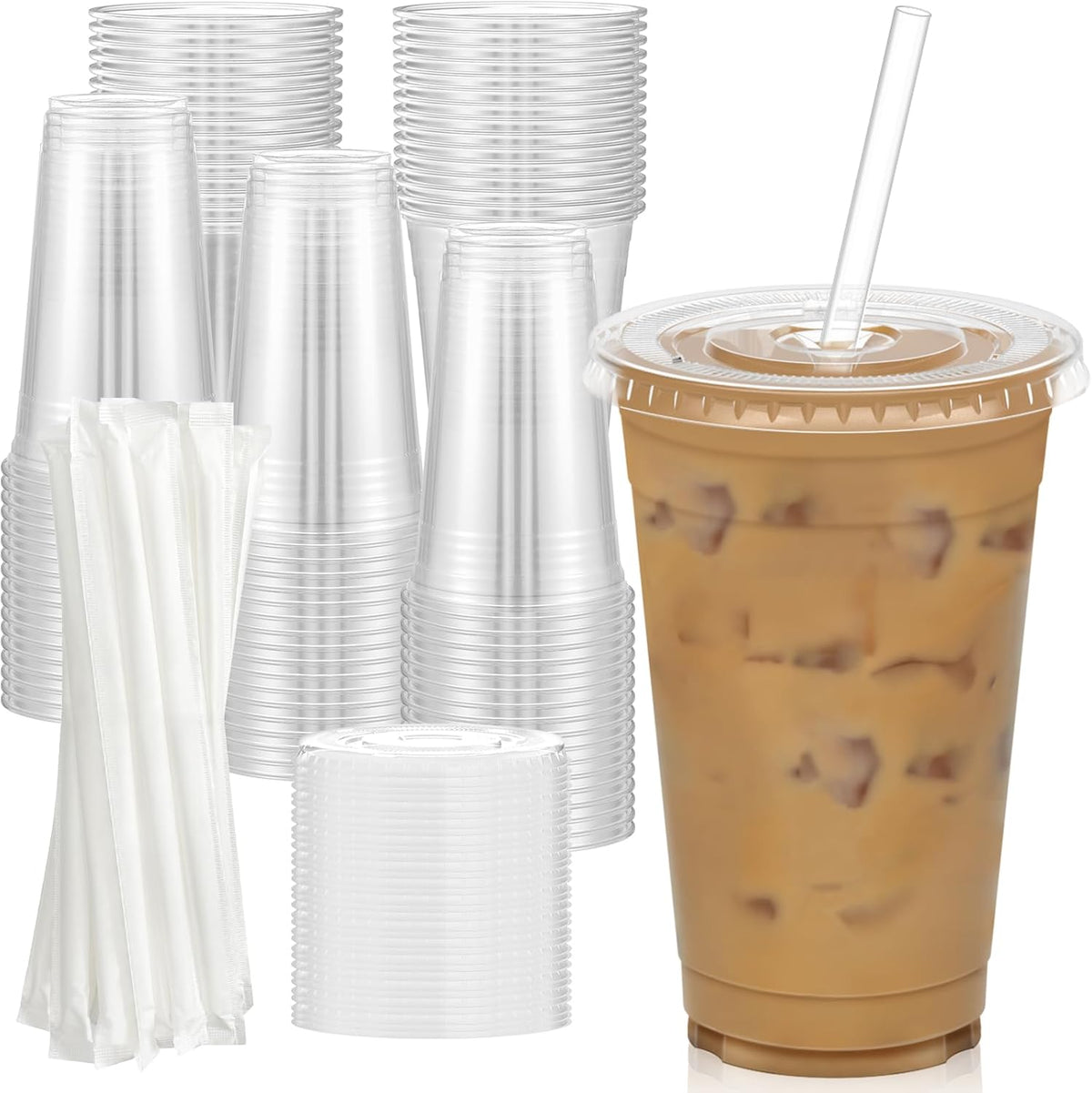 100 Pack - 20 oz Clear Plastic Cups with Lids and Straws, Sturdy & Food Safe Iced Coffee Cups with