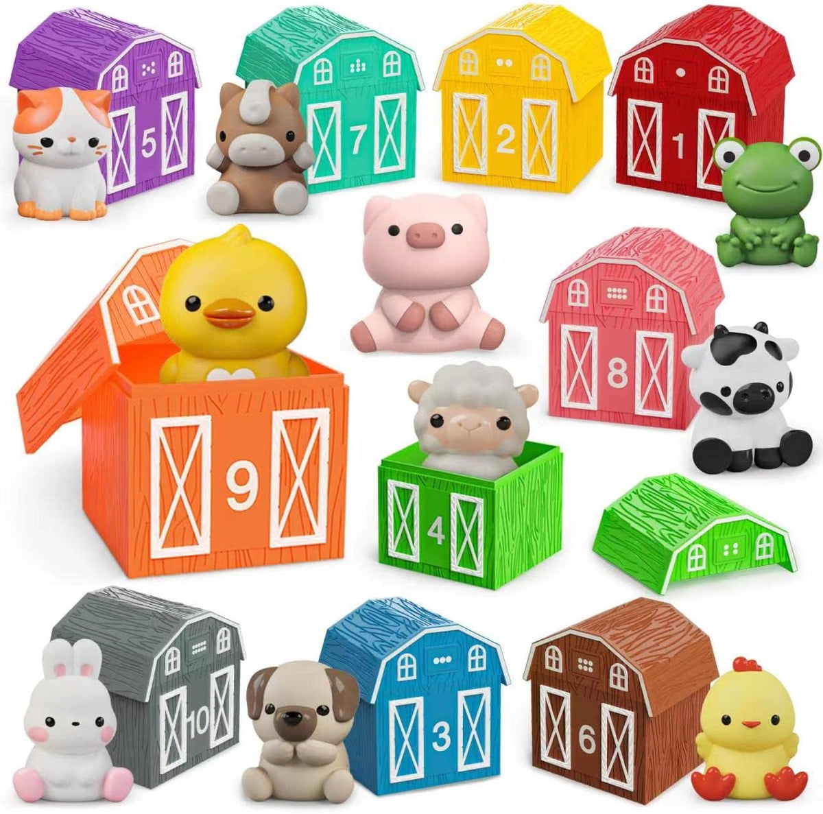 Learning Toy for Toddlers 1 2 3 Year Old, 10 Farm Animal Toys & 10 Barns, Counting, Matching &