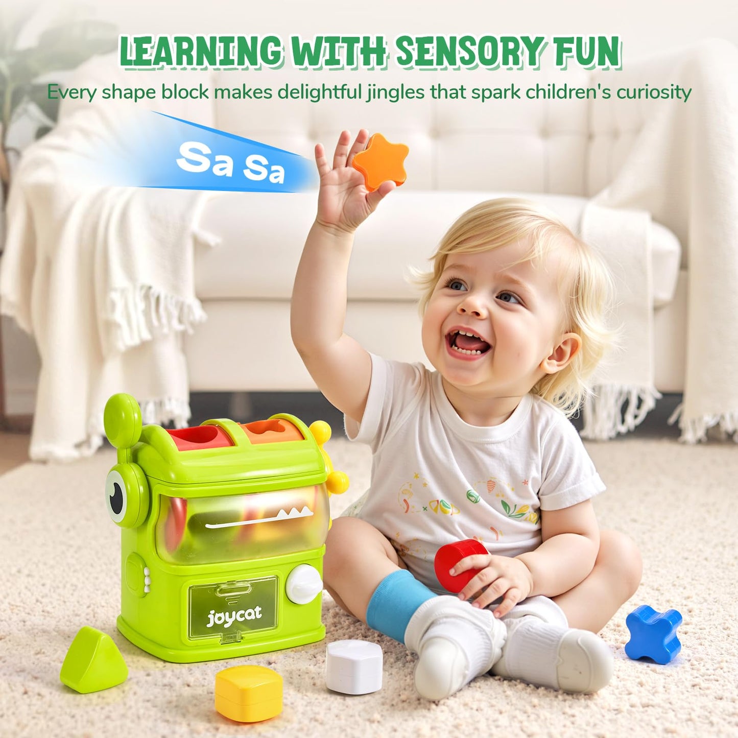 JoyCat Monster Eating The Shapes, Interactive Shape Sorter Toy for Toddlers 1-3, with 6 Rattle