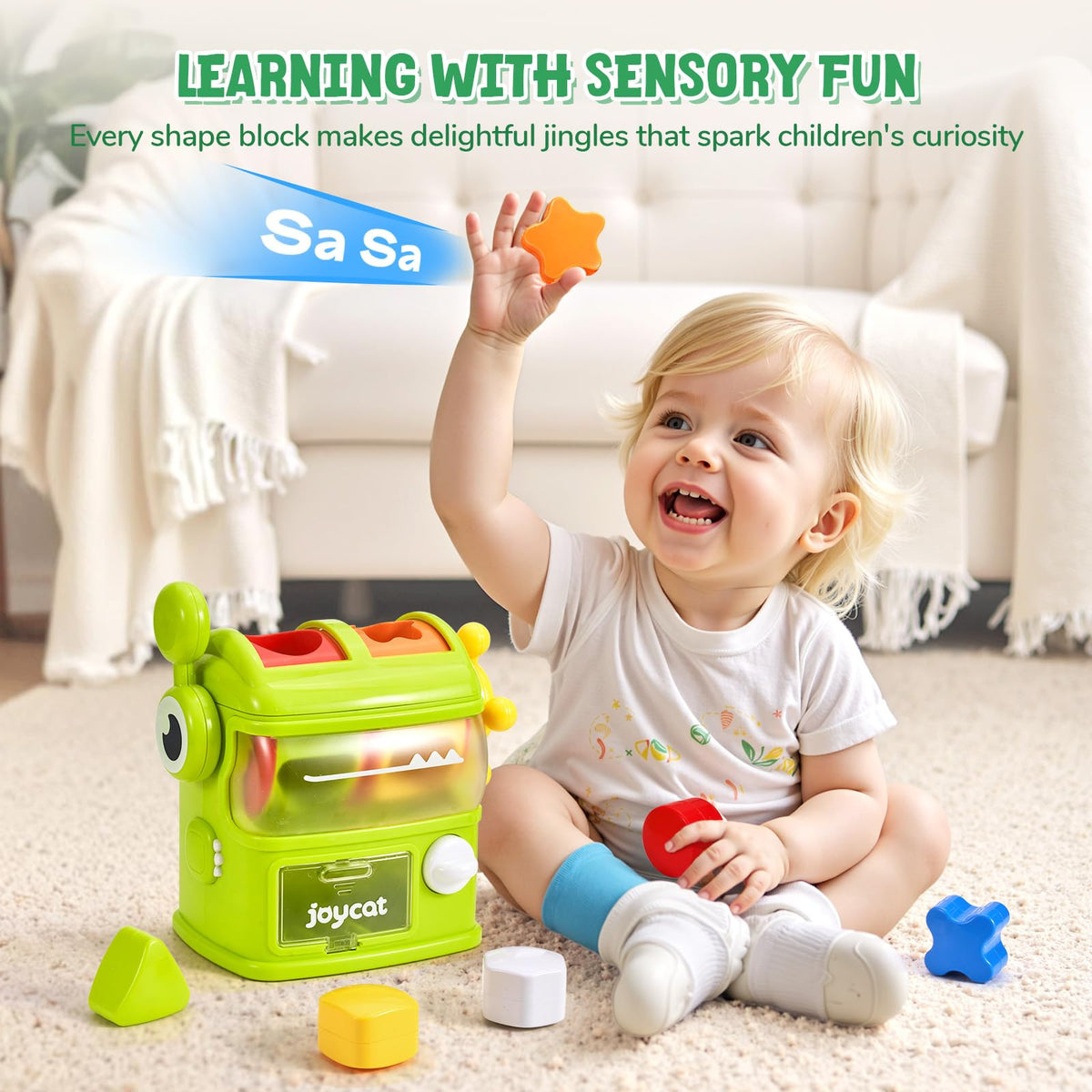 JoyCat Monster Eating The Shapes, Interactive Shape Sorter Toy for Toddlers 1-3, with 6 Rattle