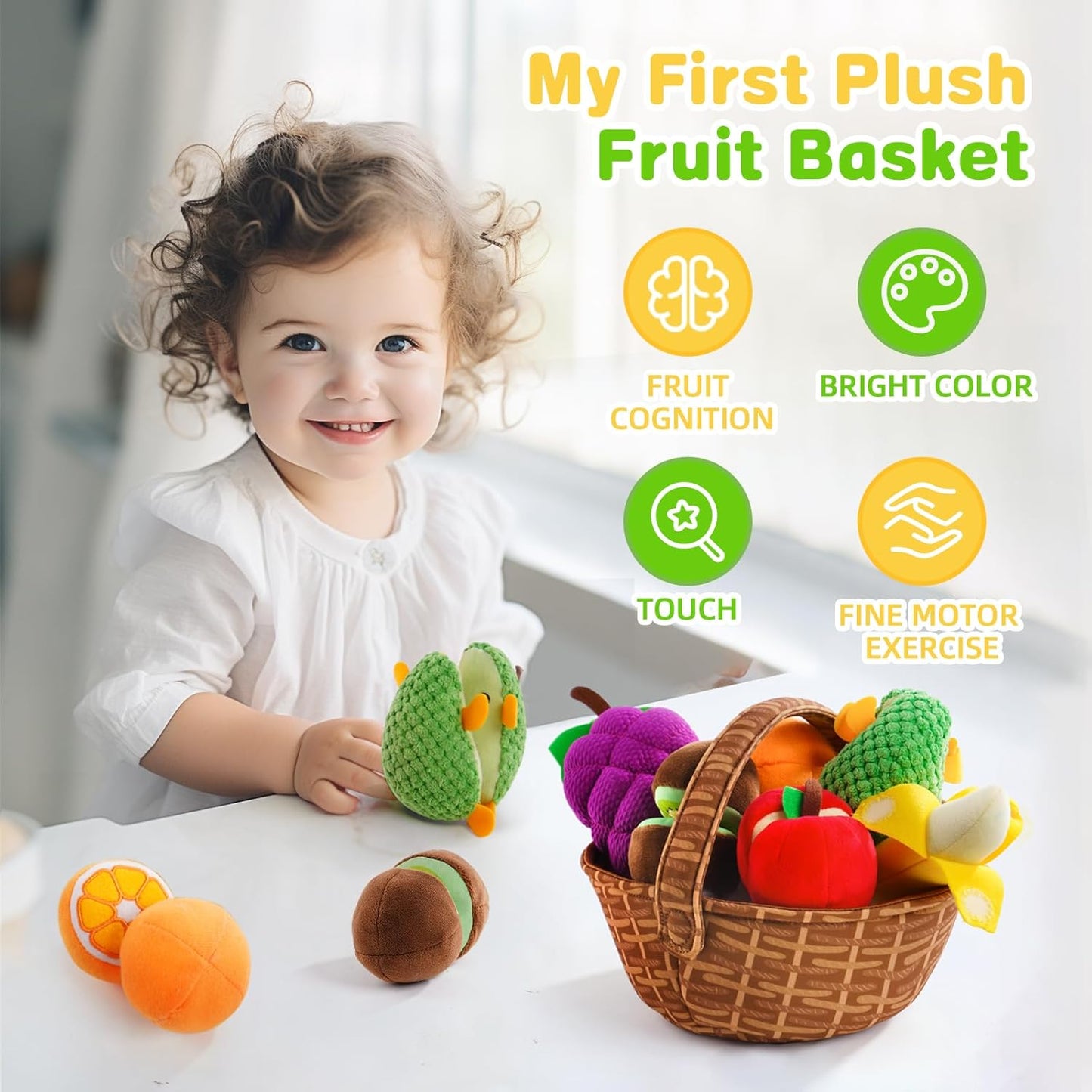 Play Food for Toddler 1-3, Plush Pretend Food Set with Sorting Fruit Basket, Baby Sensory Toys 6-12