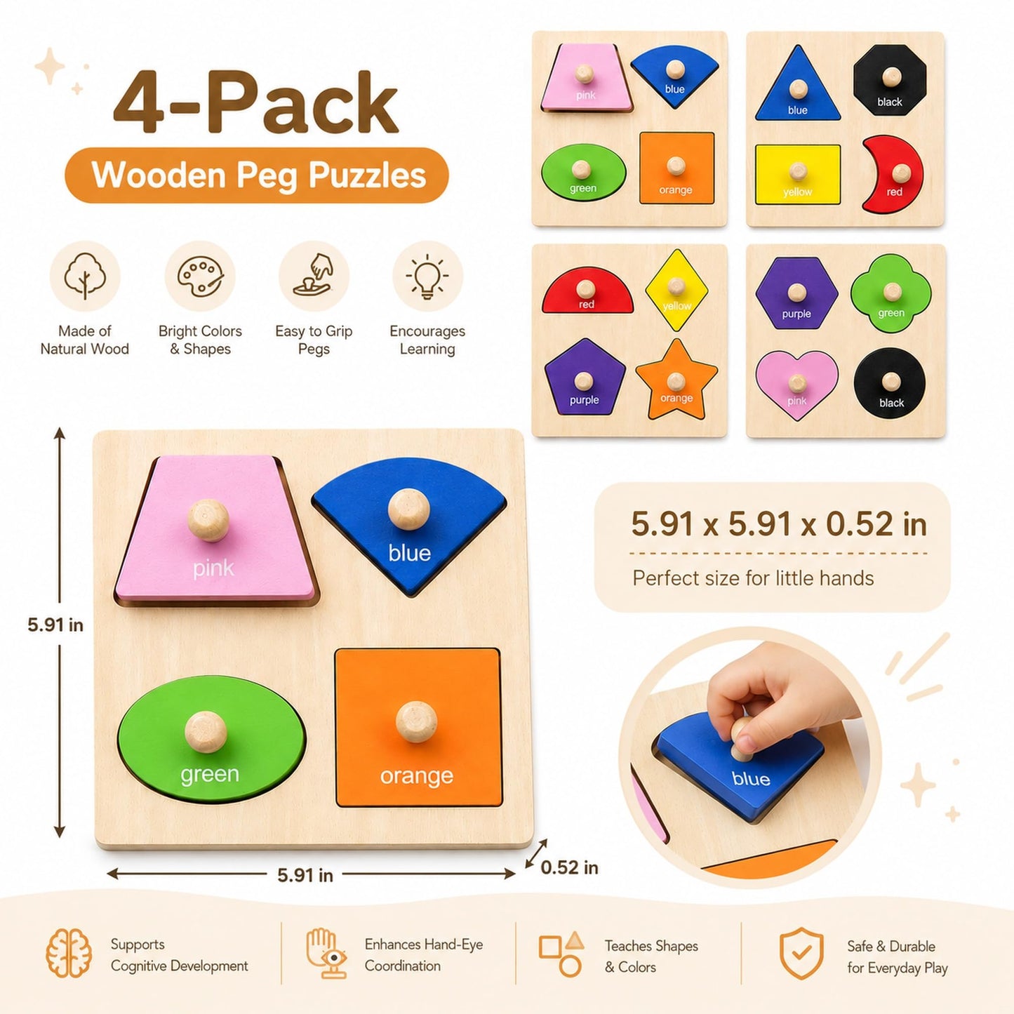 Wooden Shape Color Sorting Puzzle Toys for Toddlers, 4 Pack Montessori Peg Puzzles for Ages 2-4