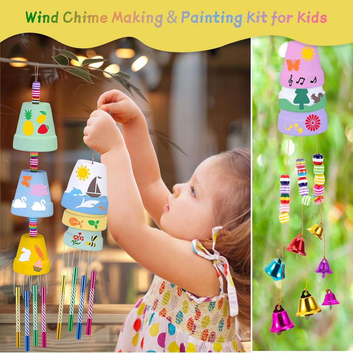 FULAIERGD 3 Pack Wind Chime Making Kit for Kids- Wind Chime Craft Painting Kit-Ceramic Pot, Bells