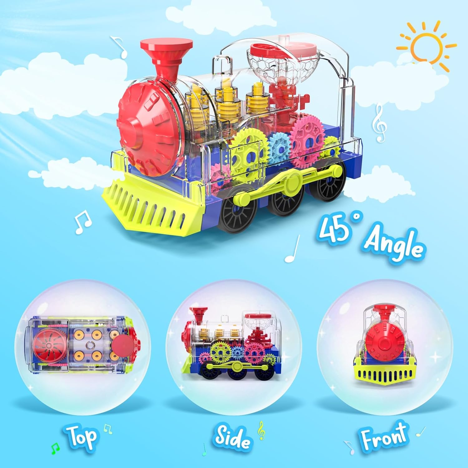 Kizeefun Light Up Train Toy for Toddlers: Transparent Gear Car Toy for Kids with Cool Light and