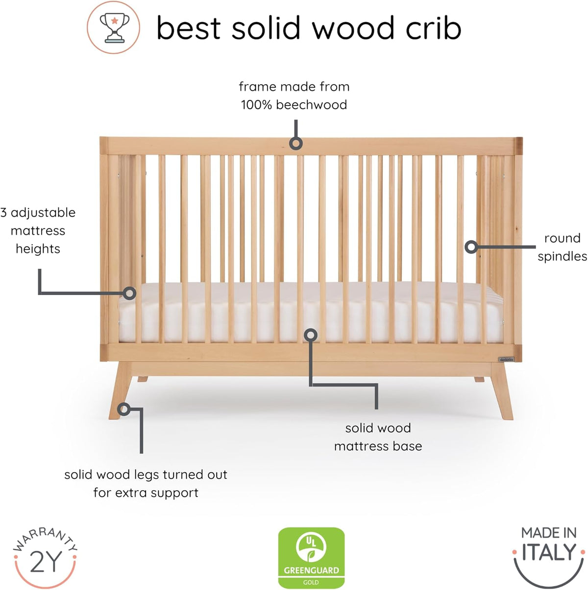 dadada Baby Soho 3-in-1 Convertible Wooden Crib to Toddler Bed - Made in Italy, GREENGUARD Gold