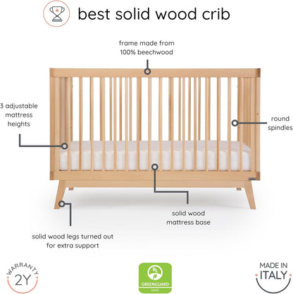dadada Baby Soho 3-in-1 Convertible Wooden Crib to Toddler Bed - Made in Italy, GREENGUARD Gold