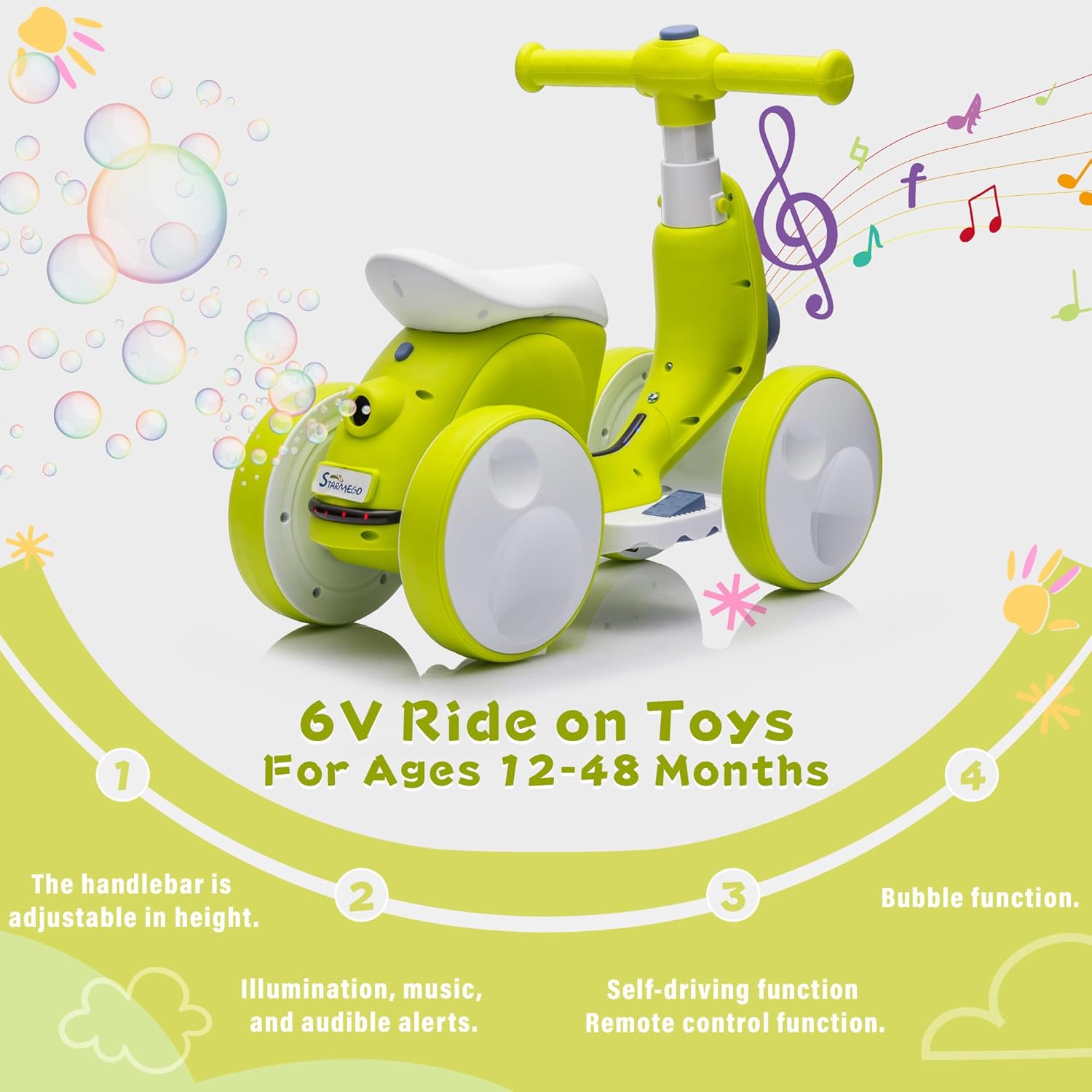 6V Electric Baby Balance Bike with Bubble Machine,4 in 1 Toddler Balance Bike w/Remote Control for