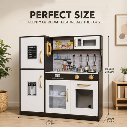 TOUCH US Wooden Play Kitchen Toy Set with Light, Kids Children Pretend Toy Kitchen Playset with