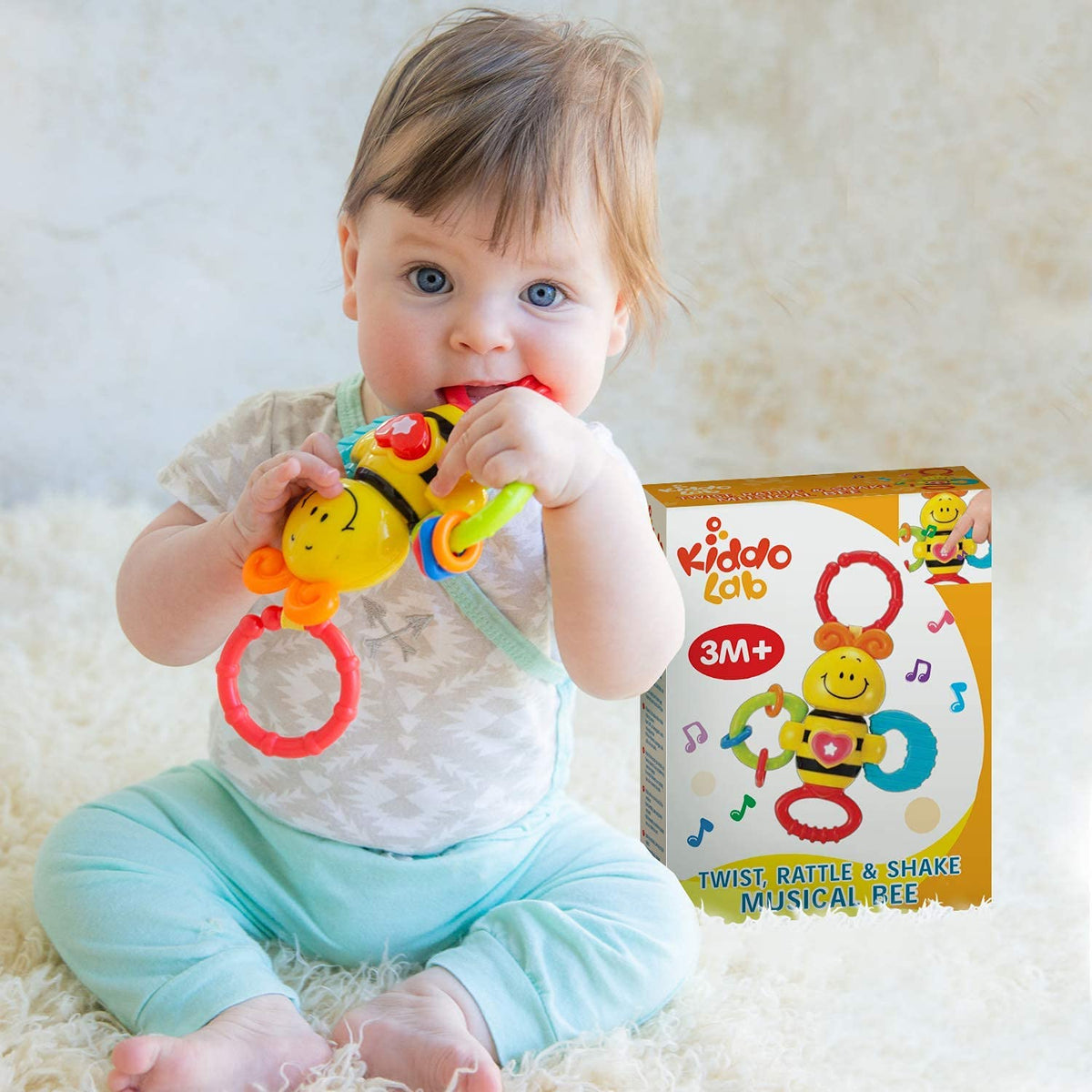 KiddoLab Twist & Rattle Musical Bee Light-Up Toy and Teething Ring for Toddlers - Sensory Chew and