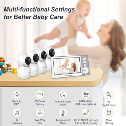 Baby Monitor with 4 Cameras Standby for 23-Hour Battery, Remote Control 4.3'' IPS Video Baby