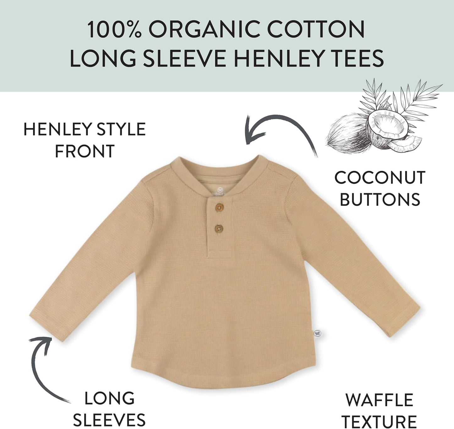 HonestBaby 5-pack Waffle Henley Long Sleeve Shirts 100% Organic Cotton for Infant Baby and Toddler