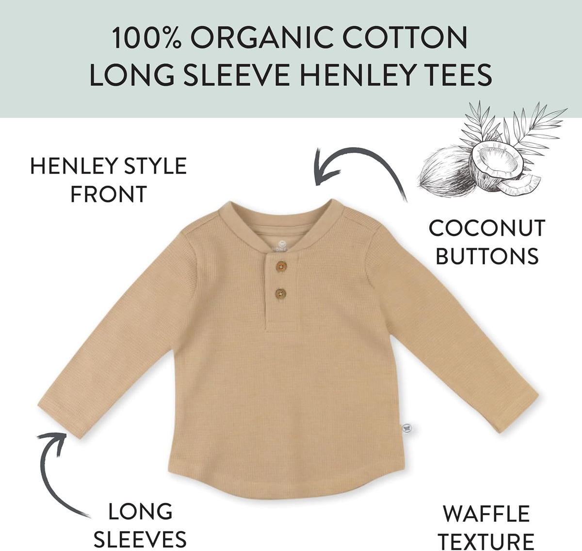HonestBaby 5-pack Waffle Henley Long Sleeve Shirts 100% Organic Cotton for Infant Baby and Toddler