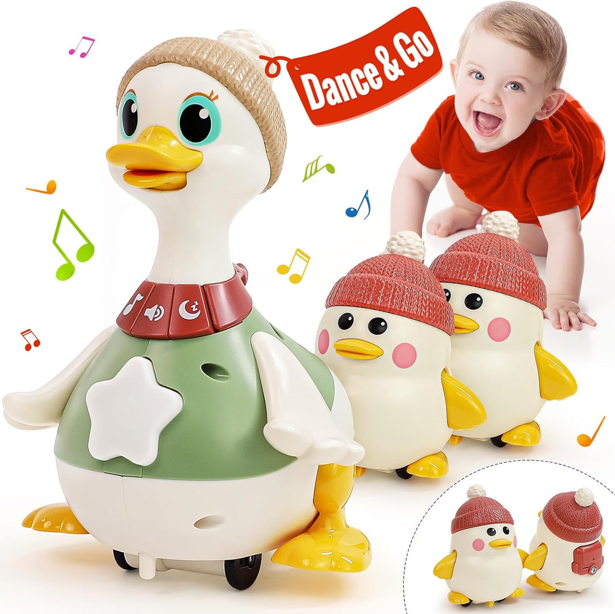 HOLA Baby Toys 6-12 Months Musical Dancing Duck Toy Set with Mama and Babys Tummy Time Toys