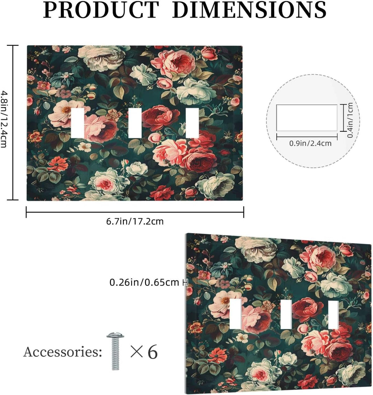 Decorative Switch Plates Baroque Vintage Peony Flower Floral 3 Gang Wall Plate Triple Toggle Light