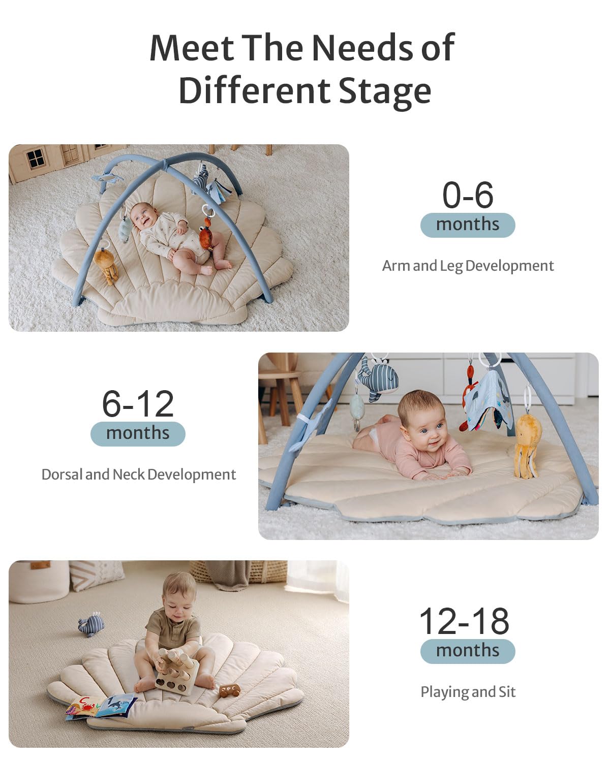Blissful Diary Shell Baby Play Gym Mat, Softer & Enlarged Tummy Time Mat w 6 Detachable Toys for