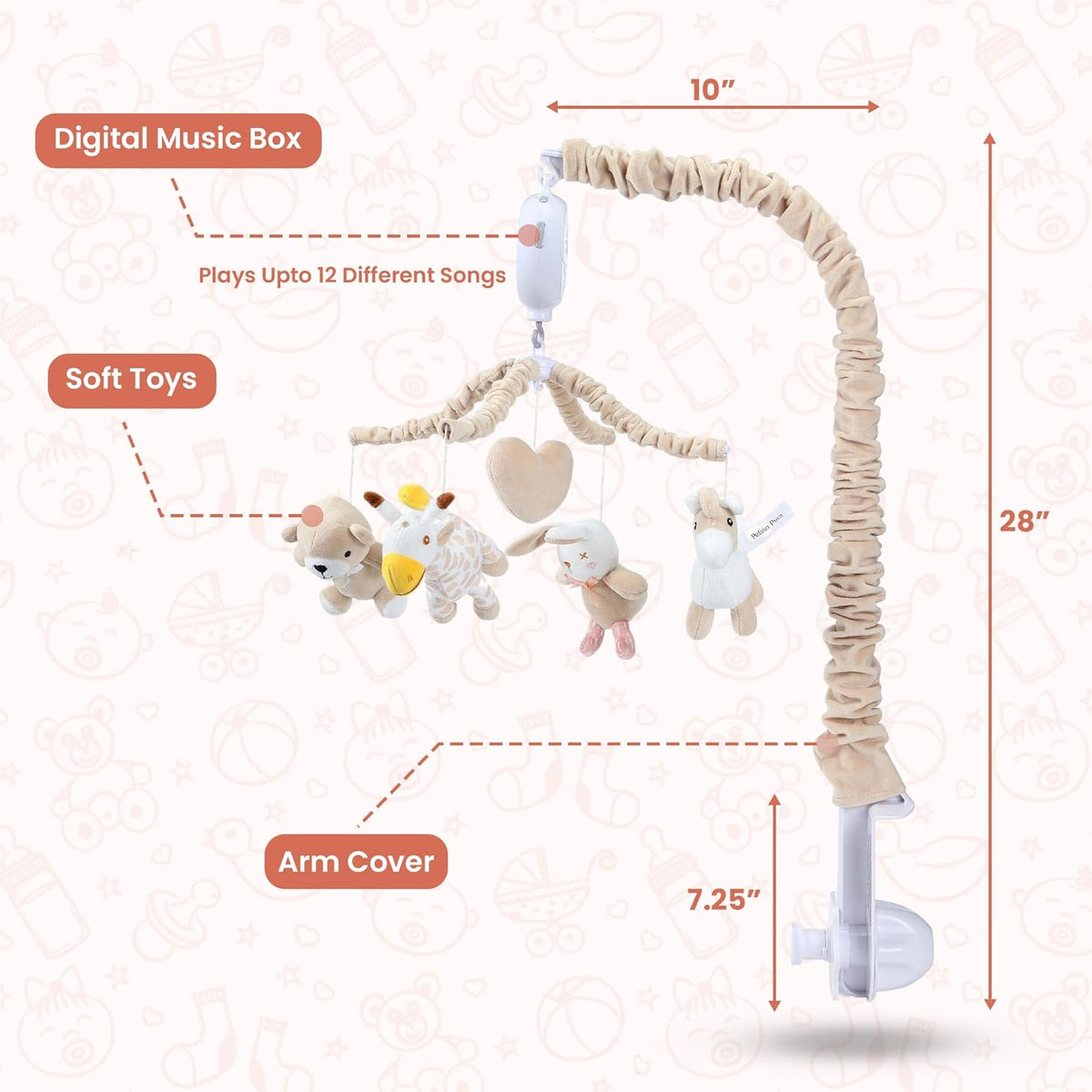 Musical Crib Mobile with 12 Lullabies, Rotating Arm and Detachable Plush Toys, Unisex Clip On