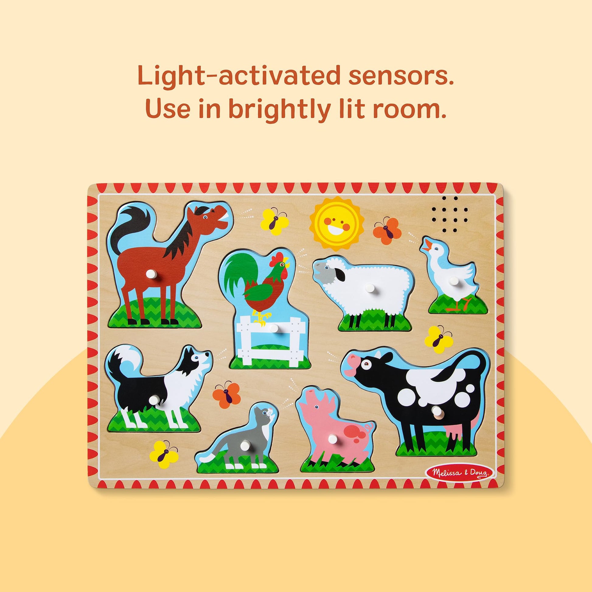 Melissa & Doug Farm Animals Sound Puzzle – 8-Piece Wooden Peg Puzzle with Light-Activated Sounds