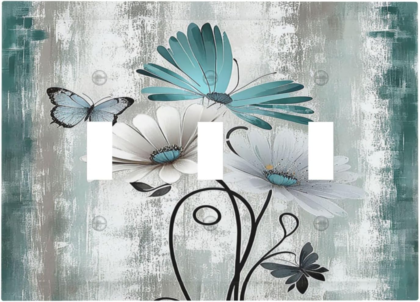 Decorative Switch Plates Rustic Teal Daisy Floral Flowers Butterfly Wood Grain 3 Gang Wall Plate