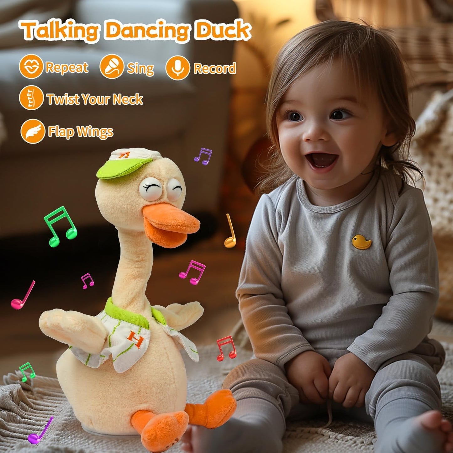 Talking Dancing Duck Toy Mimicking Recording Plush & Interactive Toy, Repeating What You Say, Neck