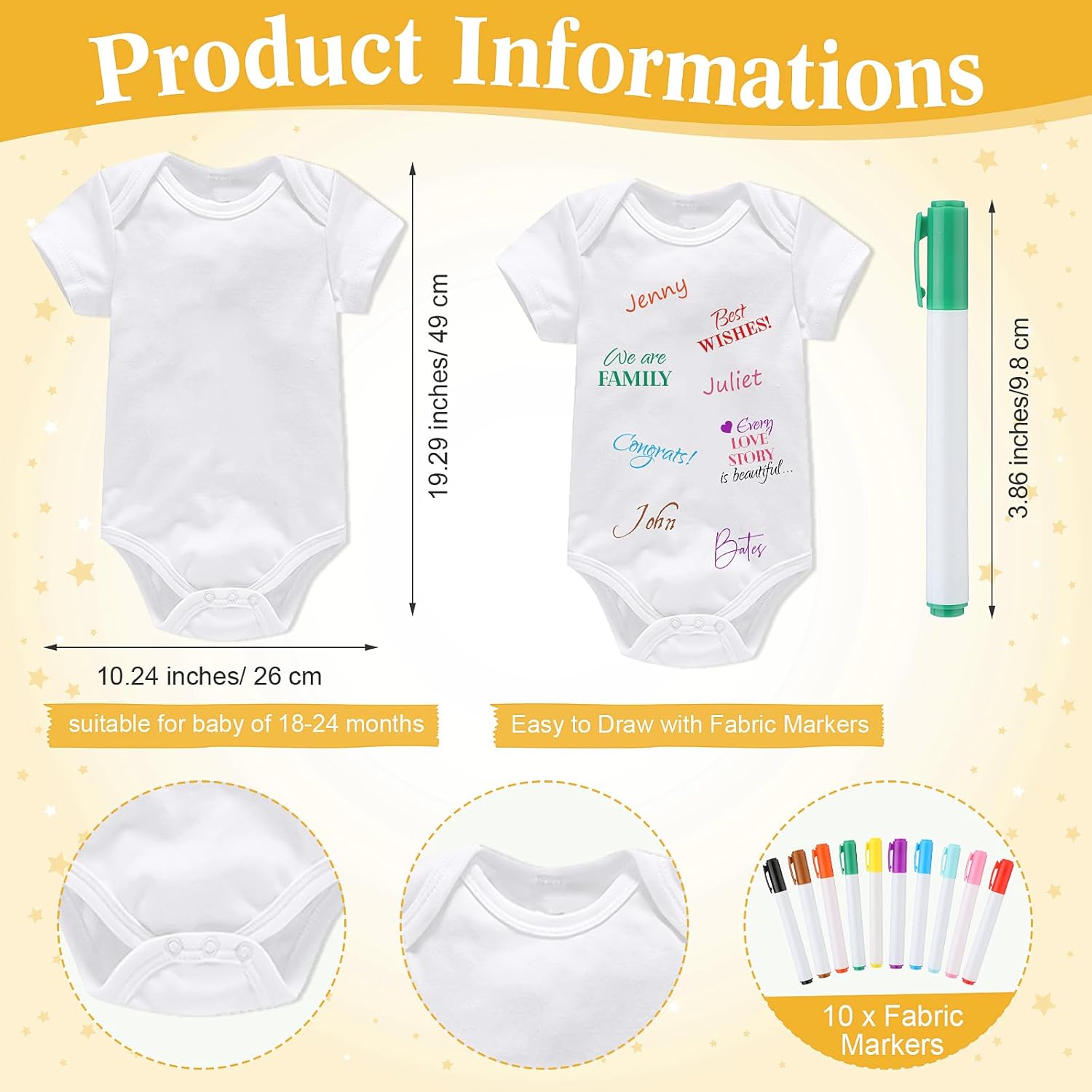 Qunclay 12 Pcs Baby Bodysuit Baby Shower Game Include 1 Game Wooden Sign Tabletop Decor 1 White