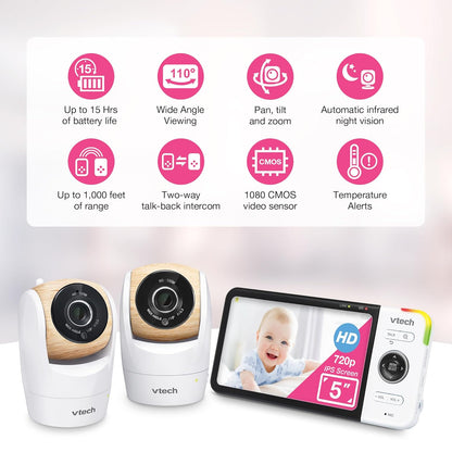 VTech VM928-2HD 5” 720p HD Display 2 Cameras Baby Monitor,110 Wide Angle View,Remote