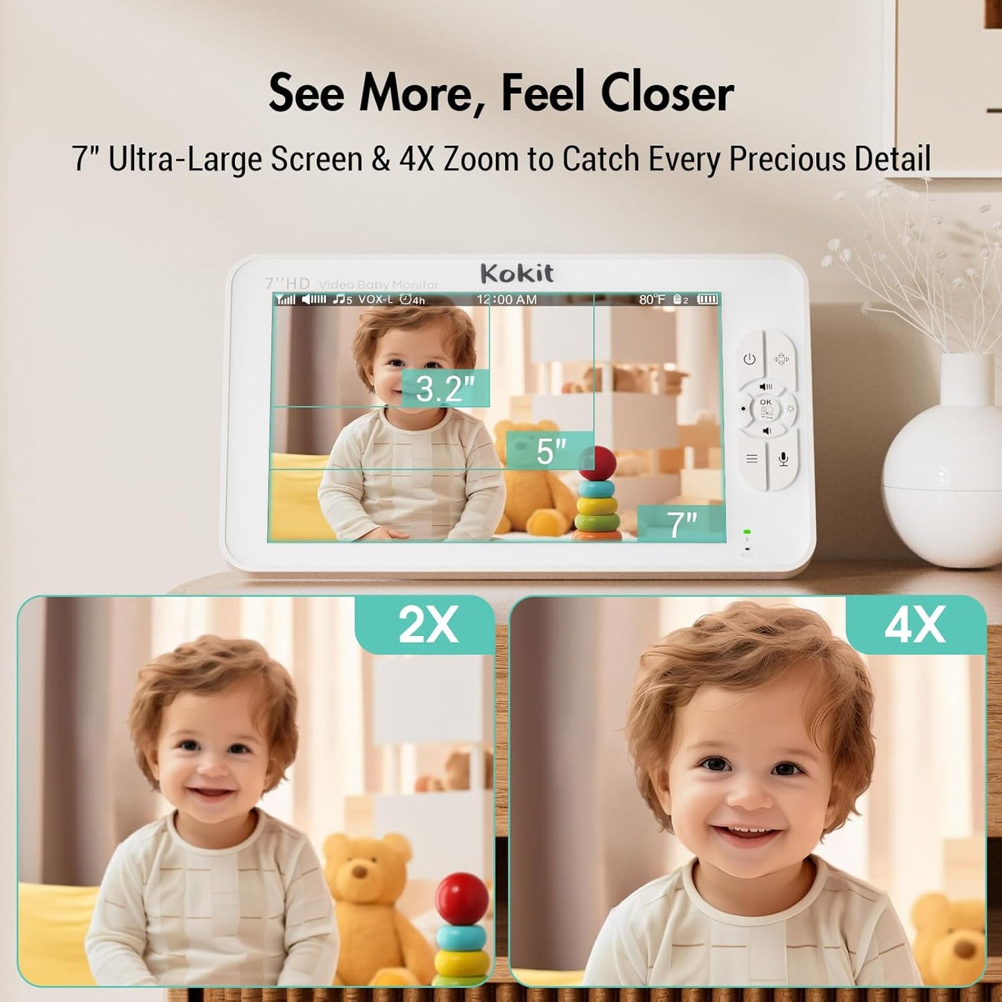 7" 1080P Full HD Video Baby Monitor No WiFi,100 Hrs 5000mAh Battery Runs 4 Days,4X Zoom,Remote 355°